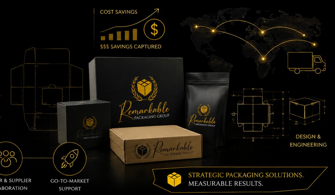 Black and gold packaging concepts, structural drawings, logistics map, and cost-savings graphics