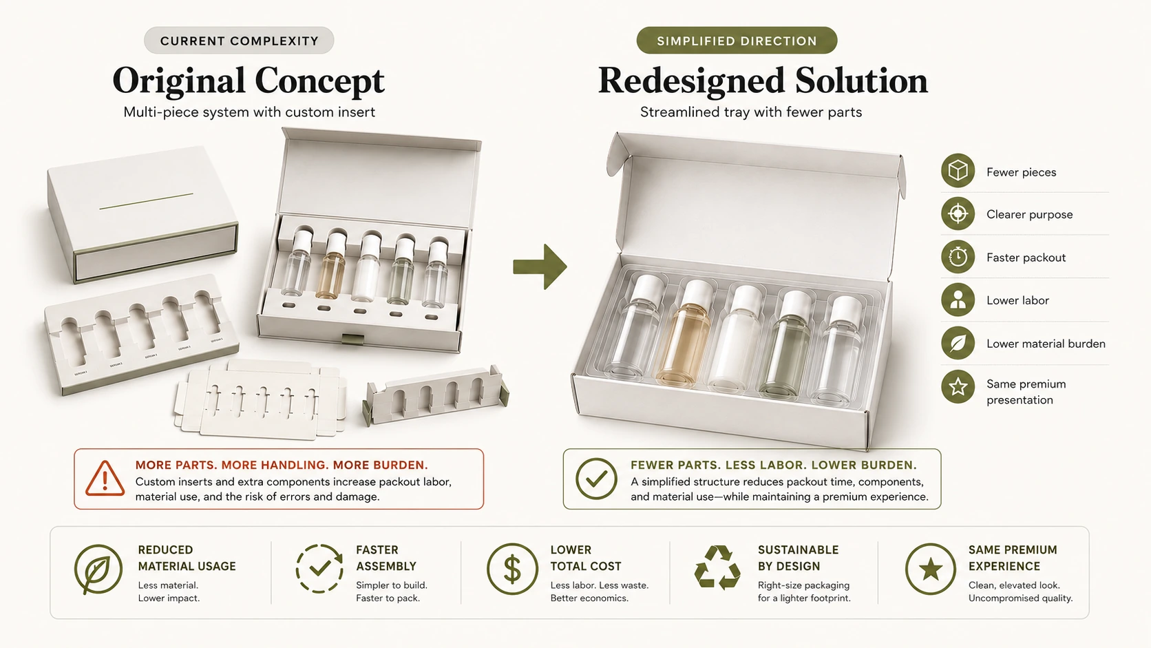 Unbranded before-and-after packaging redesign showing a complex multi-piece system with custom paperboard inserts changing to a simpler carton and one clear molded tray