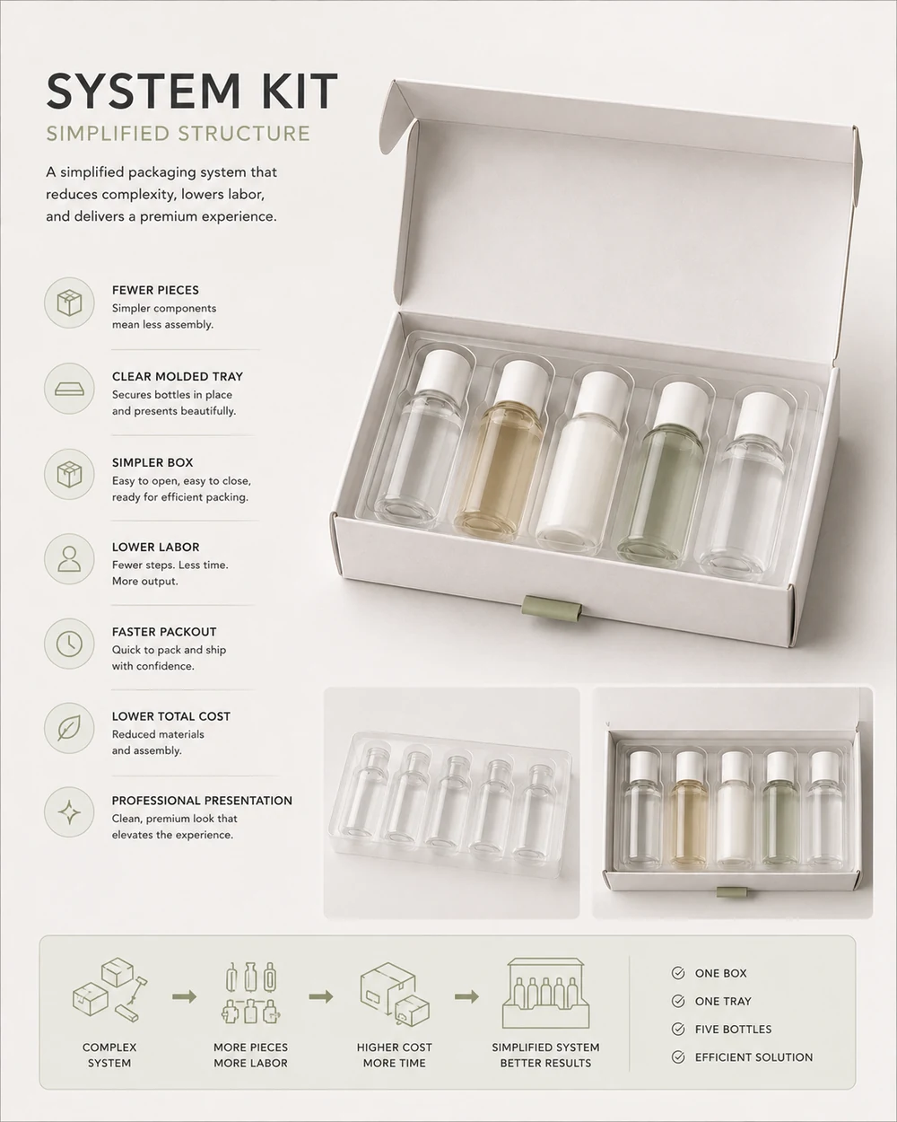 Redesigned unbranded five-bottle system kit using one clear molded tray in a simpler carton for faster packout